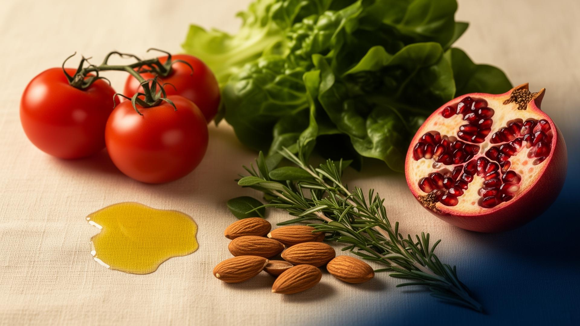 Alimentos frescos mediterráneos: tomates, hortalizas, frutos secos y aceite de oliva